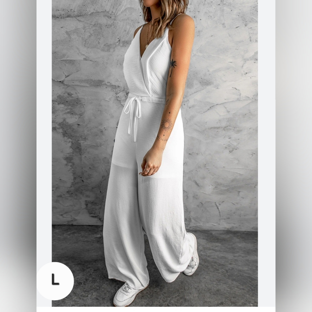 Solid Spaghetti Strap Wide Leg Drawstring High Waist Jumpsuit (L)